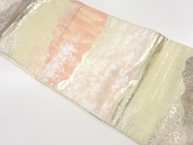 引箔道長取に花唐草・芝模様織出し名古屋帯